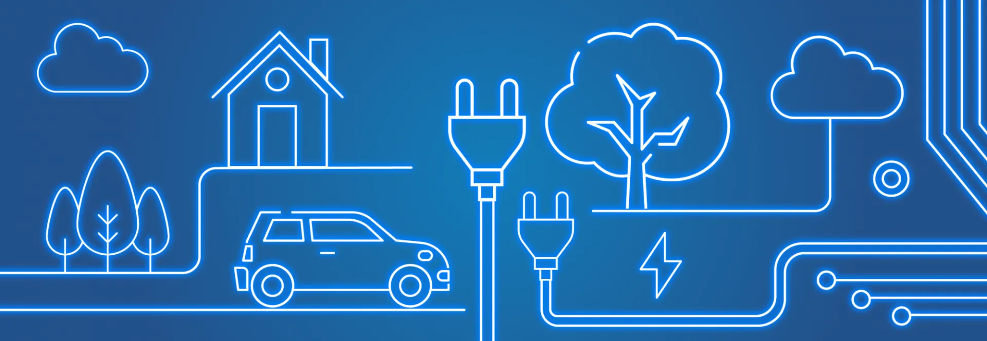 An illustration of trees, a house, and a car next to giant power plugs